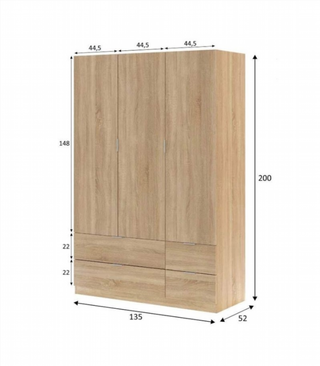 Armario 135x200x52cm 3 Puertas 4 Cajones. Roble C