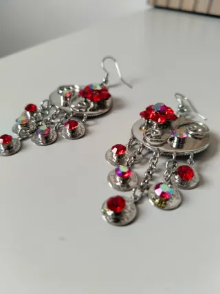 Pendientes Flamenca Flor Roja y Circonitas