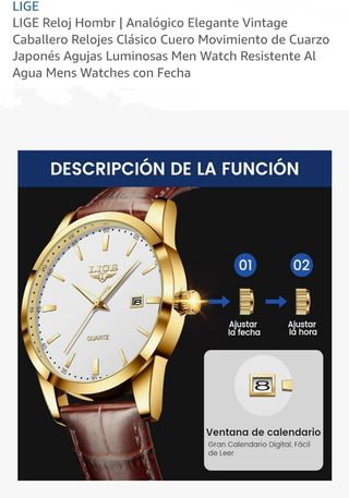 Reloj LIGE Analógico Cuero Dorado Blanco.