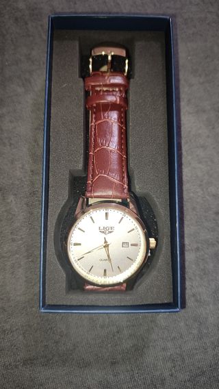 Reloj LIGE Analógico Cuero Dorado Blanco.