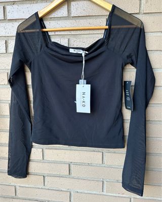 Top NA-KD negro manga larga malla