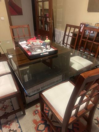 Juego comedor mesa cristal 6 sillas madera