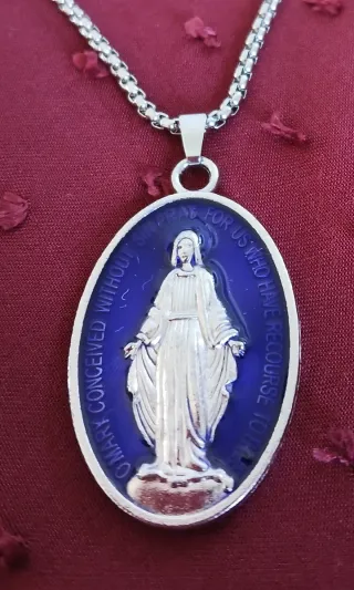 Medalla Milagrosa Esmaltada Azul y Plata,con caden