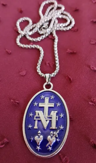 Medalla Milagrosa Esmaltada Azul y Plata,con caden