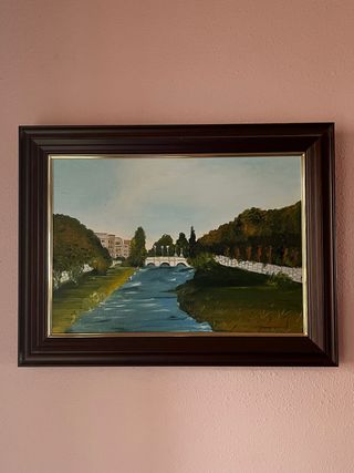 Cuadro al óleo paisaje río y puente