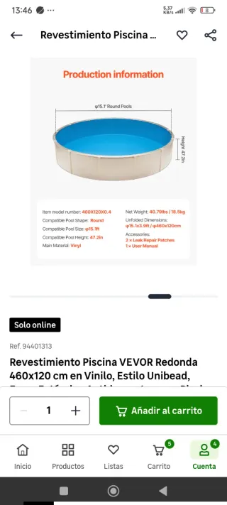 Revestimiento para piscina,liner 460x120