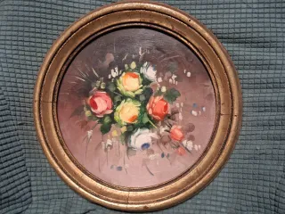 Cuadro vintage floral redondo marco dorado