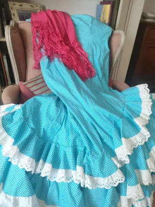 Vestido Flamenca Azul Turquesa Lunares Blancos