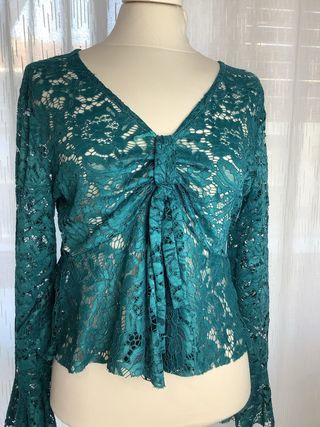 Camicetta in pizzo verde maniche lunghe