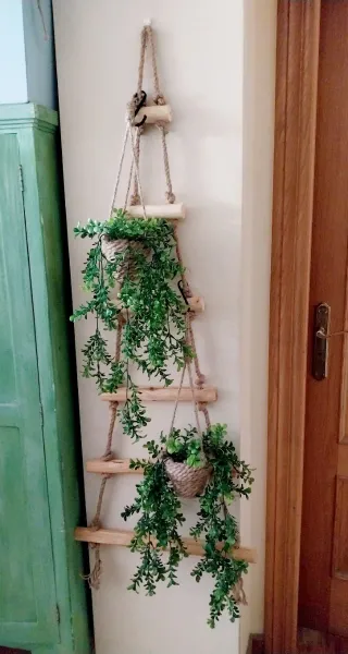 Lote 2 plantas artificiales y arbol cuerda madera