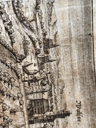 Grabado antiguo Walsee, Matthäus Merian, año 1679