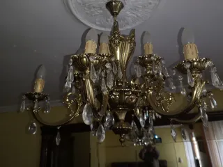 2 Lámparas de salón doradas bronce y cristales