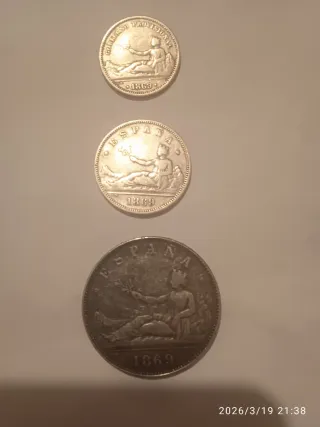 Lote 1, 2 y 5 Pesetas Plata 1869 del Gobierno Prov