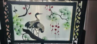 Quadro,Pannello ,diorama Ricamo su seta gru