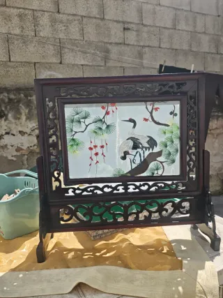 Quadro,Pannello ,diorama Ricamo su seta gru