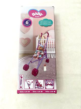 Muñeca bebé con carrito, NUEVA, 6 funciones