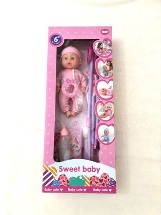 Muñeca bebé con carrito, NUEVA, 6 funciones
