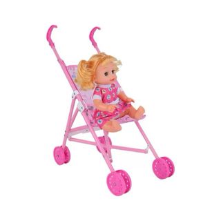 Muñeca bebé con carrito, NUEVA, 6 funciones