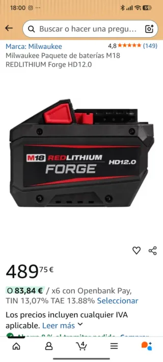 Batería Milwaukee M18 REDLITHIUM FORGE 12.0Ah