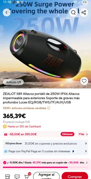 Altavoz Bluetooth Zealot S89 Negro