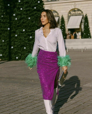 Falda midi drapeada lentejuelas morada Zara