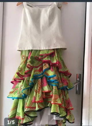Traje Flamenca Rociera Verde y Rosa