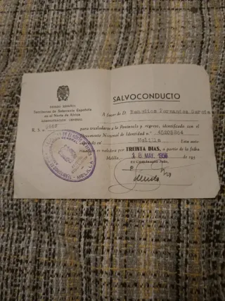 Salvoconduto Estado Español Melilla 1956
