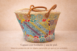 Capazo playa/viaje bordado asa piel