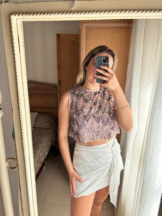 Top blusa lentejuelas rosa lazada espalda