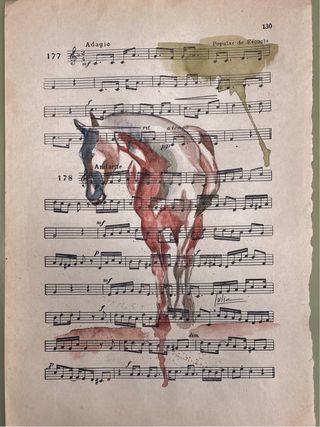 Acuarela Caballo sobre partitura antigua