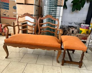 Sillón vintage madera de tela naranja