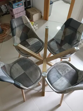 Mesa redonda cristal 120cm + 4 sillas