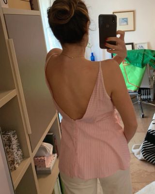 Blusa Mango rosa y blanca