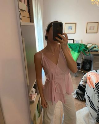 Blusa Mango rosa y blanca