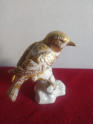 Statuetta uccello ceramica bianca oro