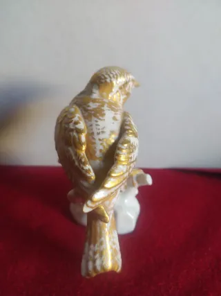 Statuetta uccello ceramica bianca oro