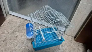 Jaula para pájaros blanca y azul