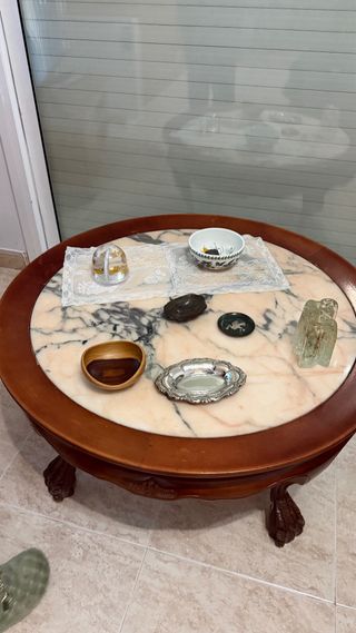 Mesa centro madera con mármol rosado