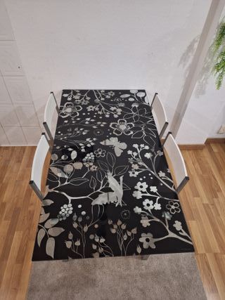 Mesa Comedor Cristal Diseño Floral + 4 Sillas