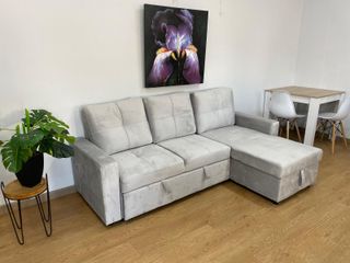 Sofá chaiselongue cama NUEVO con arcón gris