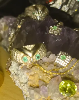 Anillo Búho Esmeraldas Oro Plata