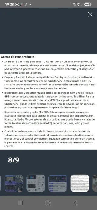 Radio coche Android 13 Jeep, Crysler, Dodge , E