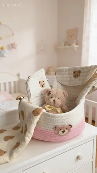 Cesta y accesorios bebé oso