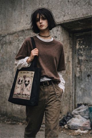 Bolso tote negro estilo grunge con dibujo