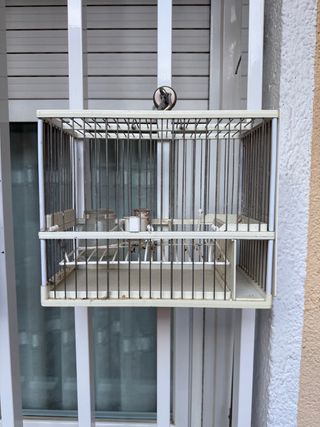 Jaula para jilgueros y pardillos beige y blanca