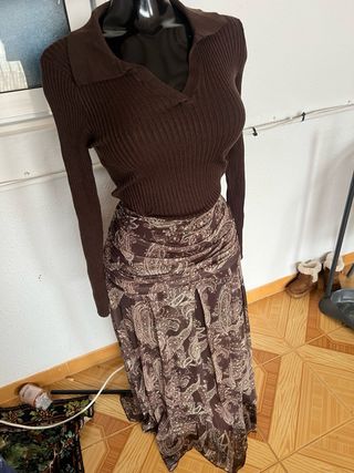 Falda larga estampada marrón