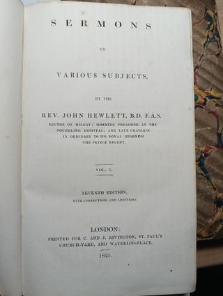 Libro antiguo Sermones J. Hewlet (1825 - Exlibris)