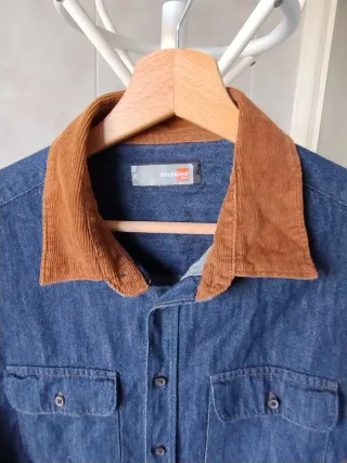 Camicia uomo jeans cotone blu marrone