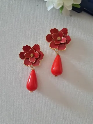 Pendientes Flamenca Flor Roja y Dorada