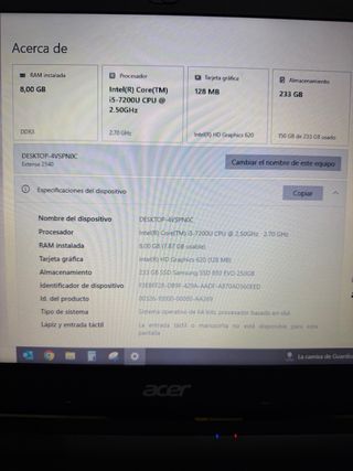 Portátil Acer i5 7200U 8GB SSD 256GB